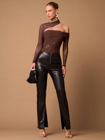 Women Mesh Long Sleeve Asymmetric Ruched Slim Fitted Top, Autumn/Winter Women Mesh Long Sleeve Asymmetric Ruched Slim Fitted Top, Autumn/Winter