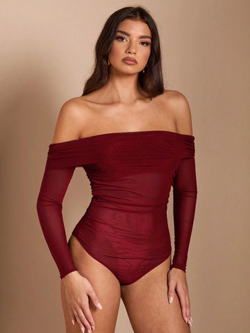 Women Off-Shoulder Solid Color Sexy See-Through Mesh Patchwork Ruched Bodysuit For Halloween Women Off-Shoulder Solid Color Sexy See-Through Mesh Patchwork Ruched Bodysuit For Halloween