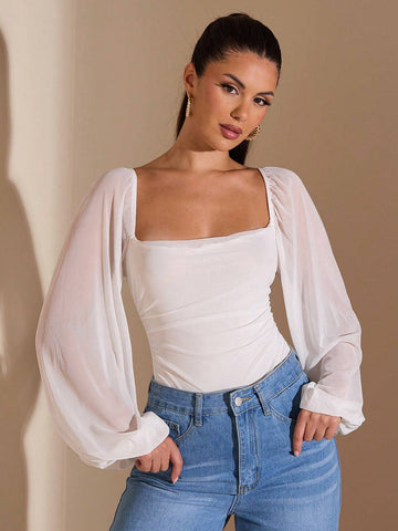 Women Solid Color Autumn/Winter Mesh Ruched Long Sleeve Bodysuit Women Solid Color Autumn/Winter Mesh Ruched Long Sleeve Bodysuit
