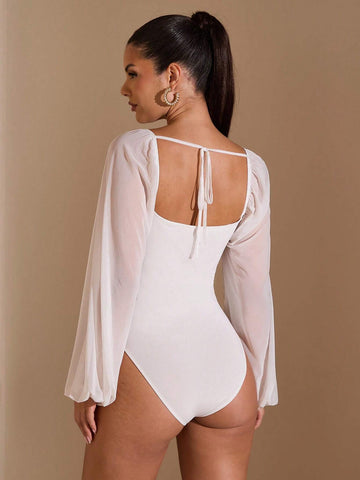 Women Solid Color Autumn/Winter Mesh Ruched Long Sleeve Bodysuit Women Solid Color Autumn/Winter Mesh Ruched Long Sleeve Bodysuit