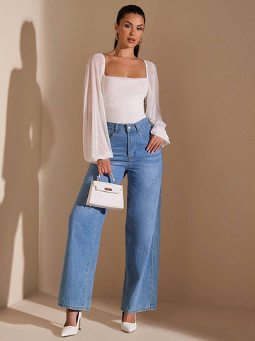 Women Solid Color Autumn/Winter Mesh Ruched Long Sleeve Bodysuit Women Solid Color Autumn/Winter Mesh Ruched Long Sleeve Bodysuit