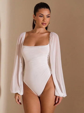 Women Solid Color Autumn/Winter Mesh Ruched Long Sleeve Bodysuit Women Solid Color Autumn/Winter Mesh Ruched Long Sleeve Bodysuit