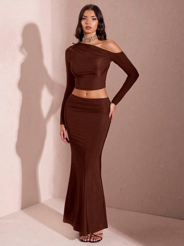 Women's Solid Color Asymmetric Neckline Long Sleeve Pleated Top + Long Skirt Set Women's Solid Color Asymmetric Neckline Long Sleeve Pleated Top + Long Skirt Set