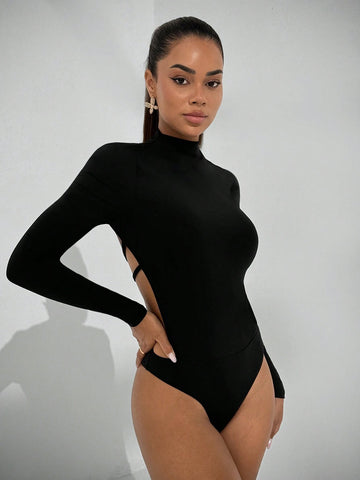 Women's Autumn Minimalist Versatile Bodysuit, Stand Collar Long Sleeve Backless Slim Fit Daily Casual/Date Outfit, Black Women's Autumn Minimalist Versatile Bodysuit, Stand Collar Long Sleeve Backless Slim Fit Daily Casual/Date Outfit, Black