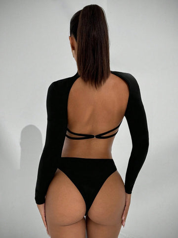 Women's Autumn Minimalist Versatile Bodysuit, Stand Collar Long Sleeve Backless Slim Fit Daily Casual/Date Outfit, Black Women's Autumn Minimalist Versatile Bodysuit, Stand Collar Long Sleeve Backless Slim Fit Daily Casual/Date Outfit, Black