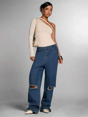 Women's Elegant Solid Color Asymmetrical Neckline Bodysuit, Autumn Women's Elegant Solid Color Asymmetrical Neckline Bodysuit, Autumn