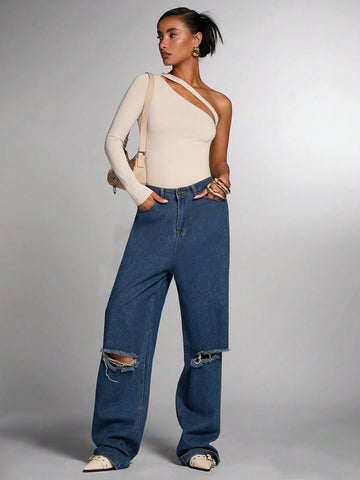 Women's Elegant Solid Color Asymmetrical Neckline Bodysuit, Autumn Women's Elegant Solid Color Asymmetrical Neckline Bodysuit, Autumn