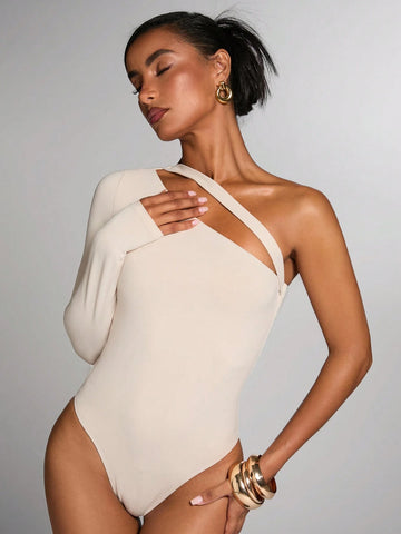 Women's Elegant Solid Color Asymmetrical Neckline Bodysuit, Autumn Women's Elegant Solid Color Asymmetrical Neckline Bodysuit, Autumn