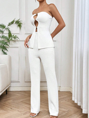 Women's Elegant White Hollow Out Strapless Top And Pants Set Women's Elegant White Hollow Out Strapless Top And Pants Set
