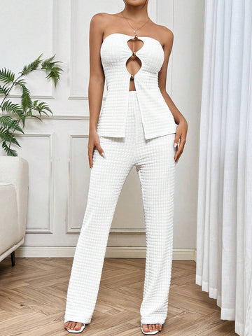Women's Elegant White Hollow Out Strapless Top And Pants Set Women's Elegant White Hollow Out Strapless Top And Pants Set