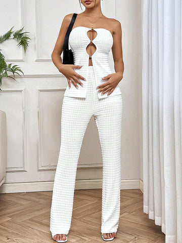 Women's Elegant White Hollow Out Strapless Top And Pants Set Women's Elegant White Hollow Out Strapless Top And Pants Set