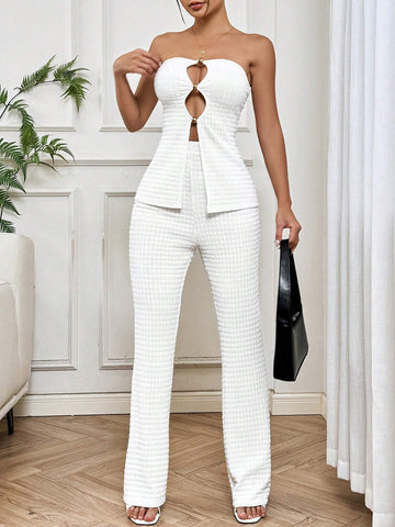 Women's Elegant White Hollow Out Strapless Top And Pants Set Women's Elegant White Hollow Out Strapless Top And Pants Set