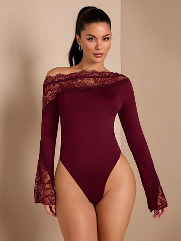 Women's Fall/Winter Solid Sexy & Elegant Asymmetric Lace Contrast Long Flare Sleeve Bodysuit, Suitable For Layering, Warm Knit Bodysuit, Outgoing, Romantic Date, Party Women's Fall/Winter Solid Sexy & Elegant Asymmetric Lace Contrast Long Flare Sleeve Bodysuit, Suitable For Layering, Warm Knit Bodysuit, Outgoing, Romantic Date, Party