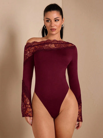 Women's Fall/Winter Solid Sexy & Elegant Asymmetric Lace Contrast Long Flare Sleeve Bodysuit, Suitable For Layering, Warm Knit Bodysuit, Outgoing, Romantic Date, Party Women's Fall/Winter Solid Sexy & Elegant Asymmetric Lace Contrast Long Flare Sleeve Bodysuit, Suitable For Layering, Warm Knit Bodysuit, Outgoing, Romantic Date, Party