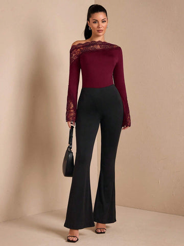 Women's Fall/Winter Solid Sexy & Elegant Asymmetric Lace Contrast Long Flare Sleeve Bodysuit, Suitable For Layering, Warm Knit Bodysuit, Outgoing, Romantic Date, Party Women's Fall/Winter Solid Sexy & Elegant Asymmetric Lace Contrast Long Flare Sleeve Bodysuit, Suitable For Layering, Warm Knit Bodysuit, Outgoing, Romantic Date, Party
