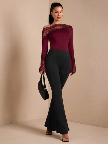 Women's Fall/Winter Solid Sexy & Elegant Asymmetric Lace Contrast Long Flare Sleeve Bodysuit, Suitable For Layering, Warm Knit Bodysuit, Outgoing, Romantic Date, Party Women's Fall/Winter Solid Sexy & Elegant Asymmetric Lace Contrast Long Flare Sleeve Bodysuit, Suitable For Layering, Warm Knit Bodysuit, Outgoing, Romantic Date, Party