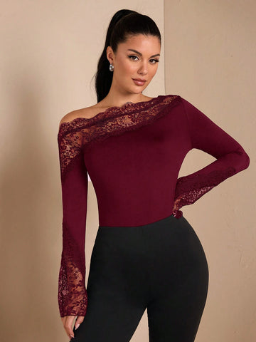 Women's Fall/Winter Solid Sexy & Elegant Asymmetric Lace Contrast Long Flare Sleeve Bodysuit, Suitable For Layering, Warm Knit Bodysuit, Outgoing, Romantic Date, Party Women's Fall/Winter Solid Sexy & Elegant Asymmetric Lace Contrast Long Flare Sleeve Bodysuit, Suitable For Layering, Warm Knit Bodysuit, Outgoing, Romantic Date, Party