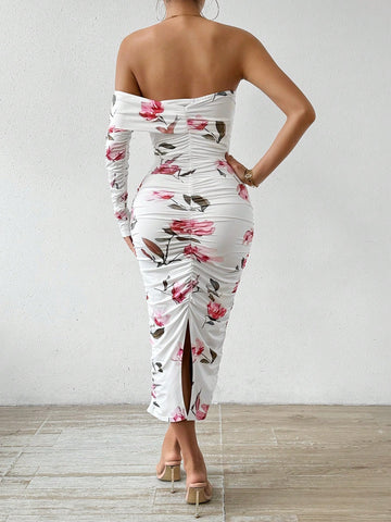 BAE Women's Floral Print Off-Shoulder Bodycon Dress With Ruffle Design BAE Women's Floral Print Off-Shoulder Bodycon Dress With Ruffle Design