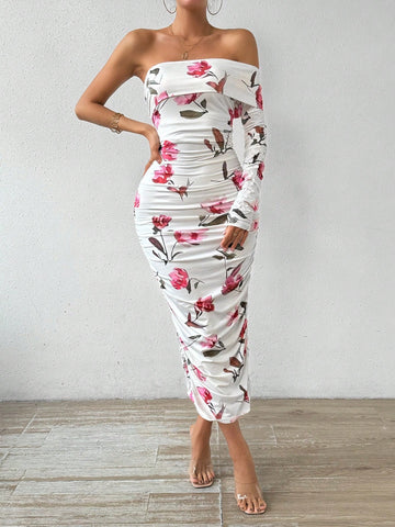 BAE Women's Floral Print Off-Shoulder Bodycon Dress With Ruffle Design BAE Women's Floral Print Off-Shoulder Bodycon Dress With Ruffle Design