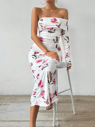 BAE Women's Floral Print Off-Shoulder Bodycon Dress With Ruffle Design BAE Women's Floral Print Off-Shoulder Bodycon Dress With Ruffle Design