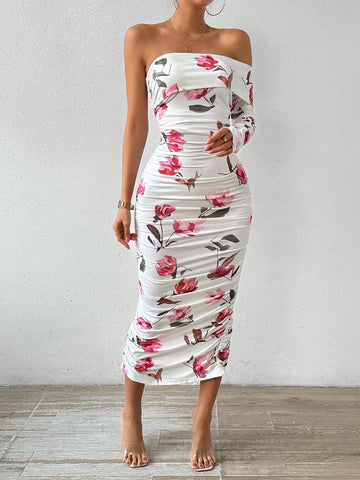 BAE Women's Floral Print Off-Shoulder Bodycon Dress With Ruffle Design BAE Women's Floral Print Off-Shoulder Bodycon Dress With Ruffle Design