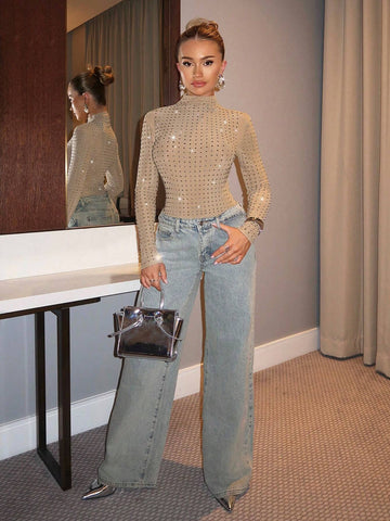 Women's Khaki Simple Stand Collar Long Sleeve Rhinestone Decorated Bodysuit For Clubbing, Party, Street Wear Women's Khaki Simple Stand Collar Long Sleeve Rhinestone Decorated Bodysuit For Clubbing, Party, Street Wear