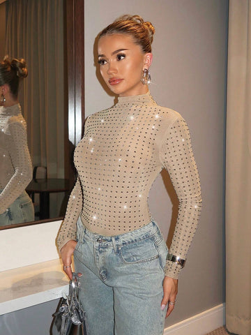Women's Khaki Simple Stand Collar Long Sleeve Rhinestone Decorated Bodysuit For Clubbing, Party, Street Wear Women's Khaki Simple Stand Collar Long Sleeve Rhinestone Decorated Bodysuit For Clubbing, Party, Street Wear