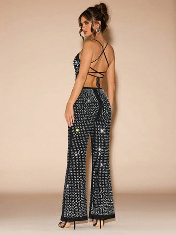 Women's Rhinestone Decor Open Back Tie Up Camisole Jumpsuit, Sexy And Elegant Women's Rhinestone Decor Open Back Tie Up Camisole Jumpsuit, Sexy And Elegant