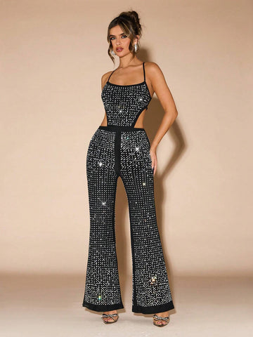 Women's Rhinestone Decor Open Back Tie Up Camisole Jumpsuit, Sexy And Elegant Women's Rhinestone Decor Open Back Tie Up Camisole Jumpsuit, Sexy And Elegant