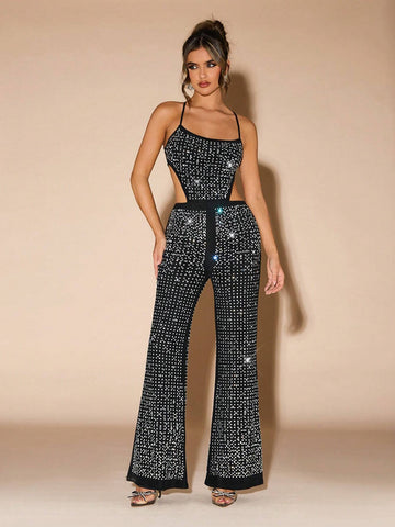 Women's Rhinestone Decor Open Back Tie Up Camisole Jumpsuit, Sexy And Elegant Women's Rhinestone Decor Open Back Tie Up Camisole Jumpsuit, Sexy And Elegant