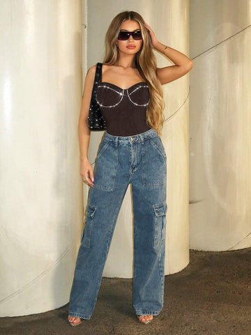 Women's Rhinestone Decorated Tight Fitting Bodysuit, Black, Suitable For Summer Event, Concerts Women's Rhinestone Decorated Tight Fitting Bodysuit, Black, Suitable For Summer Event, Concerts