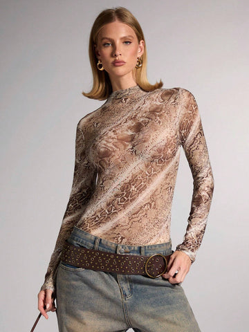 Women's Sexy Snake Skin Print Sheer Bodysuit For Party, Club, Date Night, Concert, Fashion Outings, Spring Autumn Women's Sexy Snake Skin Print Sheer Bodysuit For Party, Club, Date Night, Concert, Fashion Outings, Spring Autumn