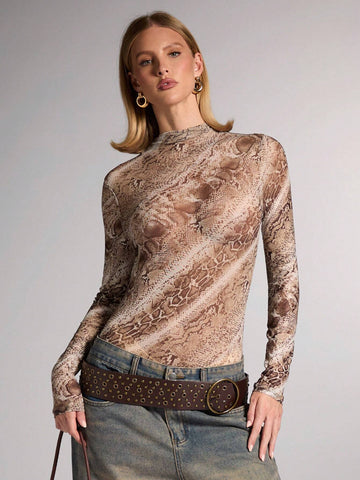 Women's Sexy Snake Skin Print Sheer Bodysuit For Party, Club, Date Night, Concert, Fashion Outings, Spring Autumn Women's Sexy Snake Skin Print Sheer Bodysuit For Party, Club, Date Night, Concert, Fashion Outings, Spring Autumn