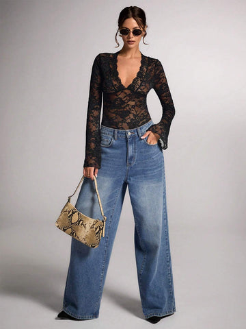 Women's Sheer Sexy V-Neck Flare Sleeve Bodysuit, Autumn Women's Sheer Sexy V-Neck Flare Sleeve Bodysuit, Autumn