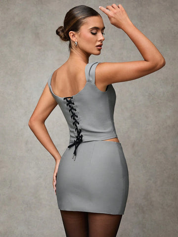 Women's Solid Color Simple Daily Sleeveless Top And Mini Skirt Set Women's Solid Color Simple Daily Sleeveless Top And Mini Skirt Set