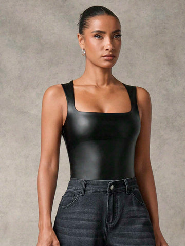Women's Spring Autumn Square Neck PU Leather Sleeveless Fitted Bodysuit/Fashionable Versatile Minimalist Women's Spring Autumn Square Neck PU Leather Sleeveless Fitted Bodysuit/Fashionable Versatile Minimalist