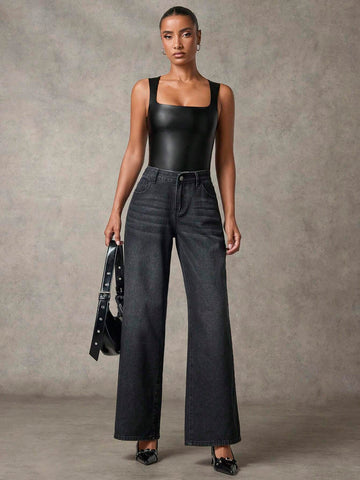 Women's Spring Autumn Square Neck PU Leather Sleeveless Fitted Bodysuit/Fashionable Versatile Minimalist Women's Spring Autumn Square Neck PU Leather Sleeveless Fitted Bodysuit/Fashionable Versatile Minimalist