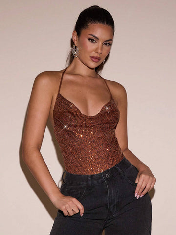 Women's Winter Cocktail Party Clubwear Halter Elegant Sexy Sequin Bodysuit, Brown Sequined Bodysuit, Party Bodysuit, Festival Bodysuit, Christmas Bodysuit Women's Winter Cocktail Party Clubwear Halter Elegant Sexy Sequin Bodysuit, Brown Sequined Bodysuit, Party Bodysuit, Festival Bodysuit, Christmas Bodysuit