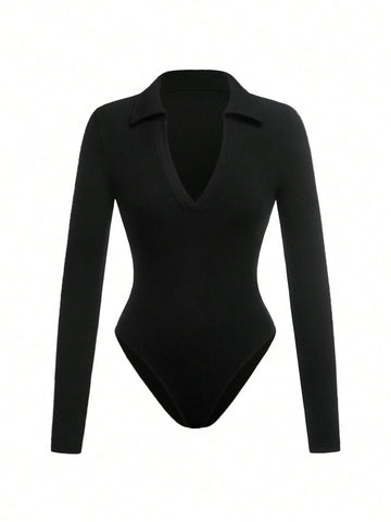Casual Solid Color Knitted Turtleneck Long Sleeve Bodysuit For Women Casual Solid Color Knitted Turtleneck Long Sleeve Bodysuit For Women