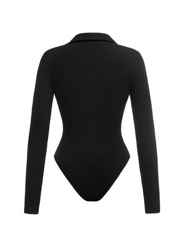 Casual Solid Color Knitted Turtleneck Long Sleeve Bodysuit For Women Casual Solid Color Knitted Turtleneck Long Sleeve Bodysuit For Women