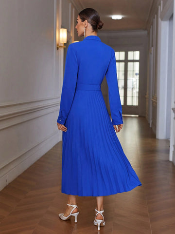 1pc Navy Blue Glossy Fashion Commute Elegant V-Neck Asymmetric Hem Pleated Metal Button 1pc Navy Blue Glossy Fashion Commute Elegant V-Neck Asymmetric Hem Pleated Metal Button