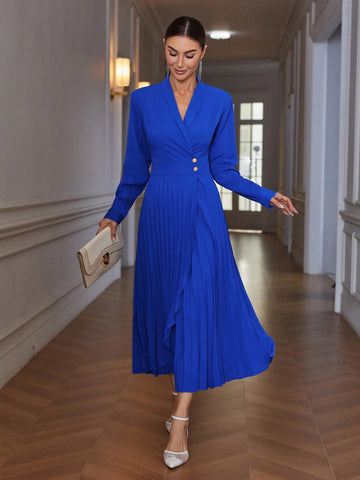 1pc Navy Blue Glossy Fashion Commute Elegant V-Neck Asymmetric Hem Pleated Metal Button 1pc Navy Blue Glossy Fashion Commute Elegant V-Neck Asymmetric Hem Pleated Metal Button