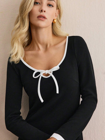 1pc Women Black Bodycon Dress, Elegant Commuter Mourning Dress, Warm Winter Apparel 1pc Women Black Bodycon Dress, Elegant Commuter Mourning Dress, Warm Winter Apparel