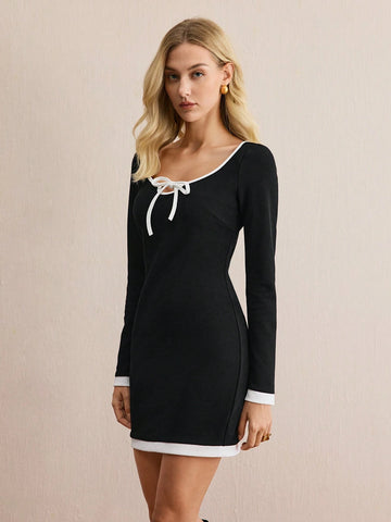 1pc Women Black Bodycon Dress, Elegant Commuter Mourning Dress, Warm Winter Apparel 1pc Women Black Bodycon Dress, Elegant Commuter Mourning Dress, Warm Winter Apparel