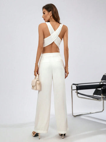 Fashionable Minimalist Style Backless V-Neck Cross Sleeveless Blouse And Wide Leg Pants Set, Suitable For Office And Street Look Fashionable Minimalist Style Backless V-Neck Cross Sleeveless Blouse And Wide Leg Pants Set, Suitable For Office And Street Look