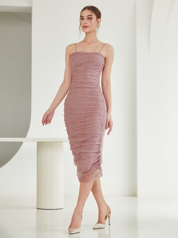 BIZwear Pearls Beaded Ruched Side Mesh Cami Bodycon Dress Workwear BIZwear Pearls Beaded Ruched Side Mesh Cami Bodycon Dress Workwear