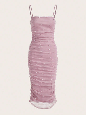 BIZwear Pearls Beaded Ruched Side Mesh Cami Bodycon Dress Workwear BIZwear Pearls Beaded Ruched Side Mesh Cami Bodycon Dress Workwear