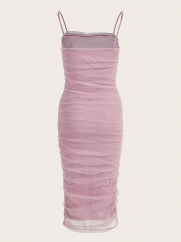 BIZwear Pearls Beaded Ruched Side Mesh Cami Bodycon Dress Workwear BIZwear Pearls Beaded Ruched Side Mesh Cami Bodycon Dress Workwear