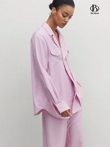 BIZwear Women's Casual Striped Printed Drop Shoulder Casual Long Sleeve Shirt BIZwear Women's Casual Striped Printed Drop Shoulder Casual Long Sleeve Shirt