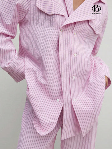 BIZwear Women's Casual Striped Printed Drop Shoulder Casual Long Sleeve Shirt BIZwear Women's Casual Striped Printed Drop Shoulder Casual Long Sleeve Shirt